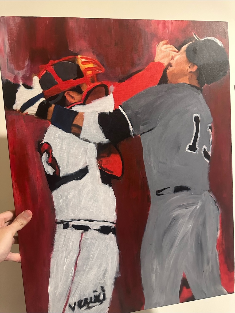 Jason Varitek v Alex Rodriguez 24x18 Original Baseball Painting signed by artist